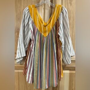 Sacred Threads Striped Multicolor V-Neck Flowy Boho Cottagecore Deep V-Neck Top
